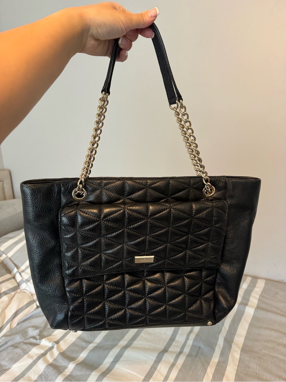 kate spade Black Quilted Leather Shoulder Tote with Chain Handles